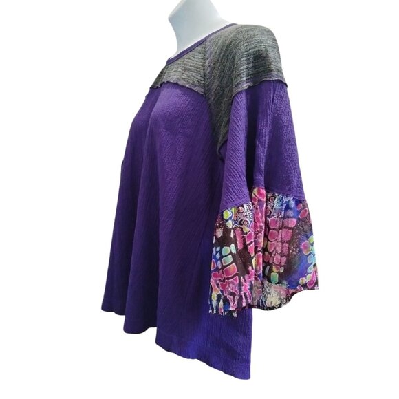 Calessa Size XL Colorblock Raglan Sleeve Purple Blouse Patterned Bell Sleeves - Picture 5 of 7
